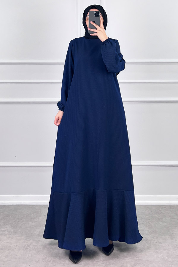 Volanlı Jakar Elbise - Gece Mavisi
