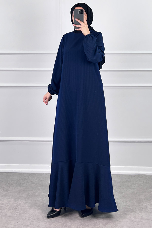 Volanlı Jakar Elbise - Gece Mavisi