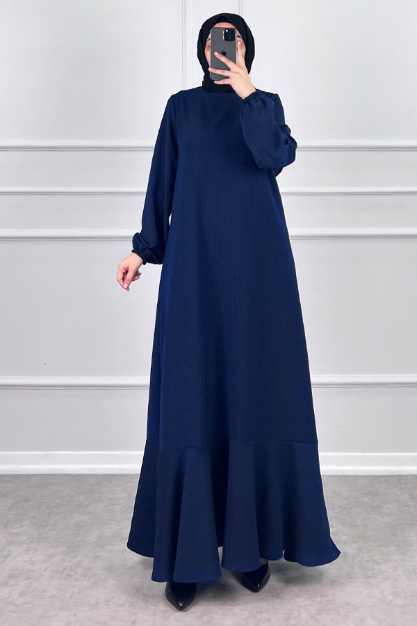 Volanlı Jakar Elbise - Gece Mavisi