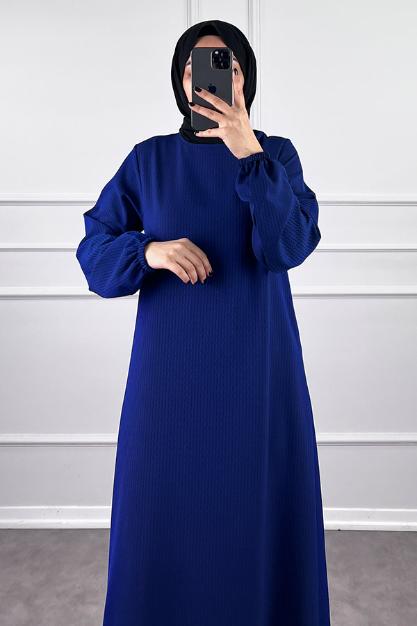 Volanlı Jakar Elbise - Lacivert