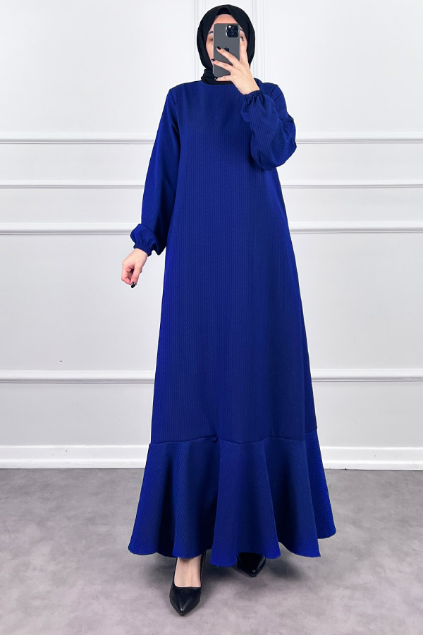 Volanlı Jakar Elbise - Lacivert