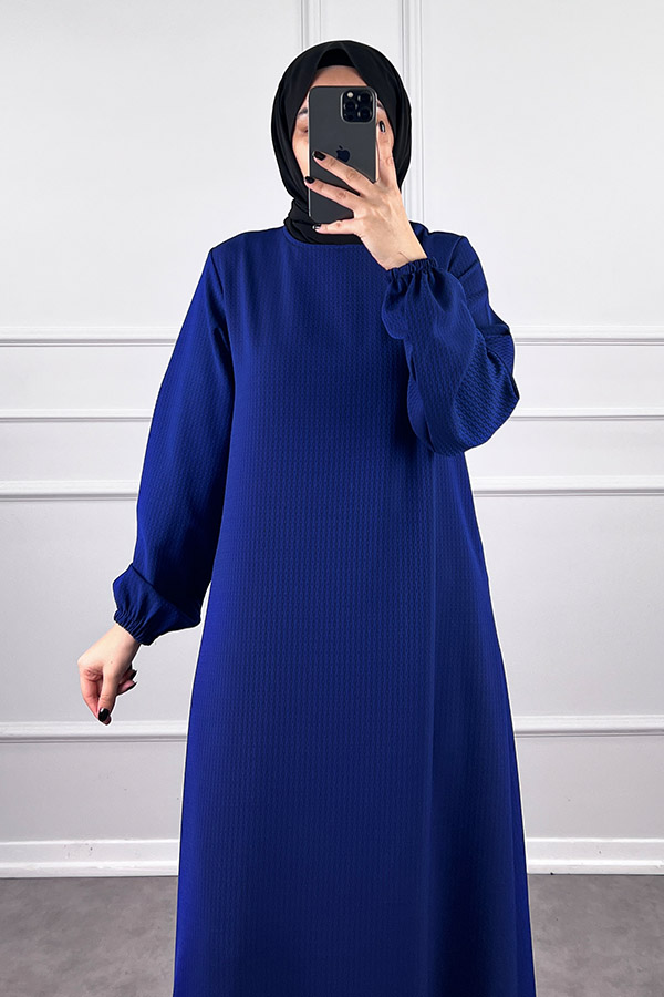 Volanlı Jakar Elbise - Lacivert