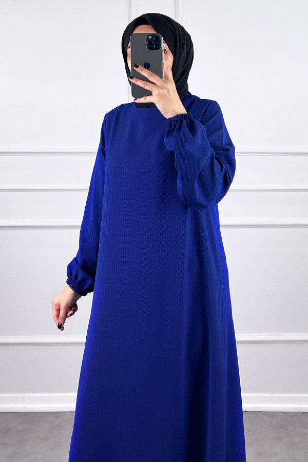 Volanlı Jakar Elbise - Lacivert