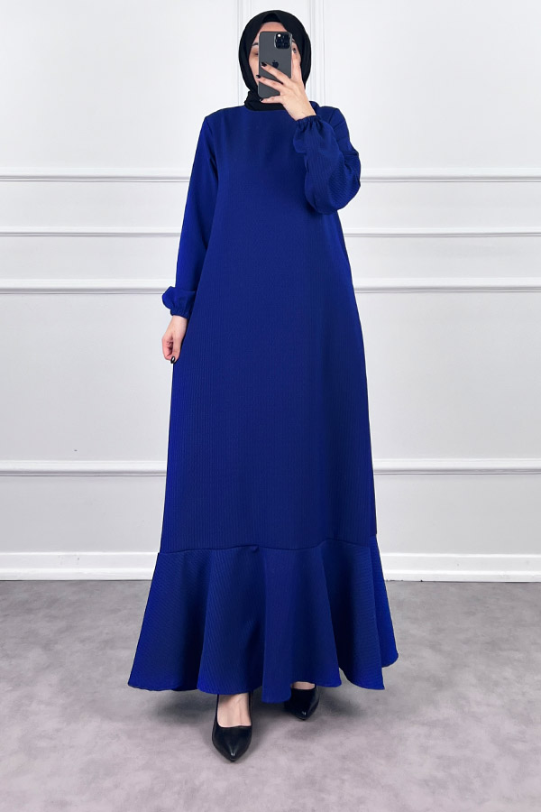 Volanlı Jakar Elbise - Lacivert