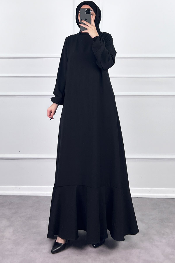 Volanlı Jakar Elbise - Siyah