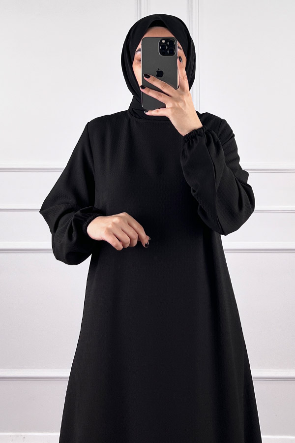 Volanlı Jakar Elbise - Siyah