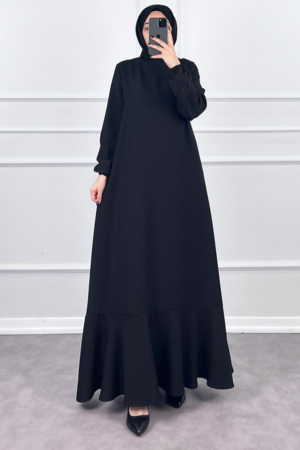 Volanlı Jakar Elbise - Siyah
