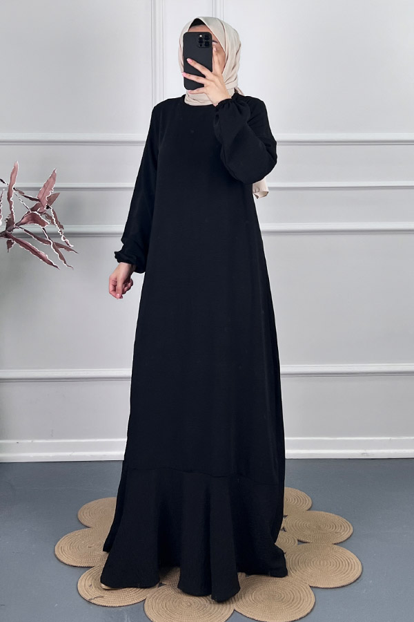 Volanlı Tesettür Elbise - Siyah