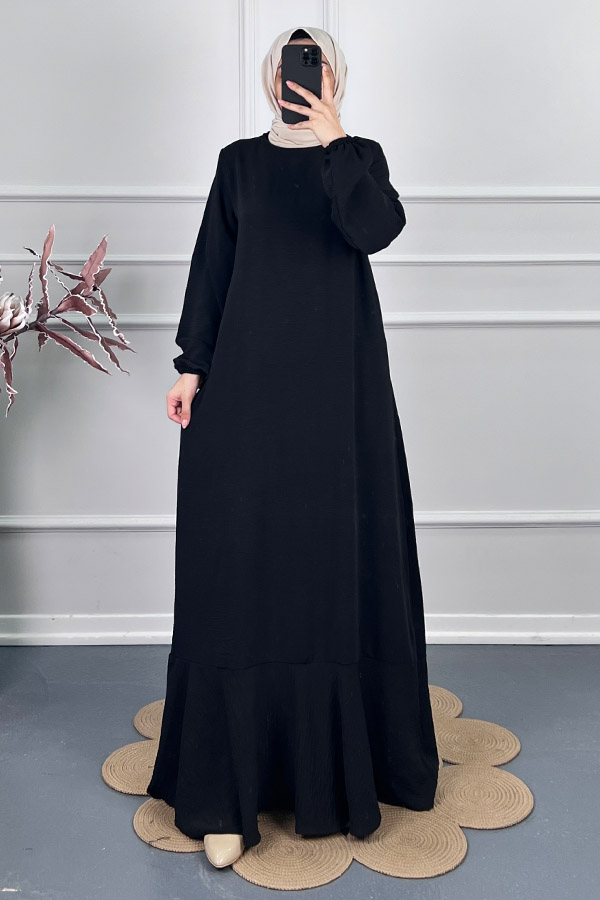 Volanlı Tesettür Elbise - Siyah