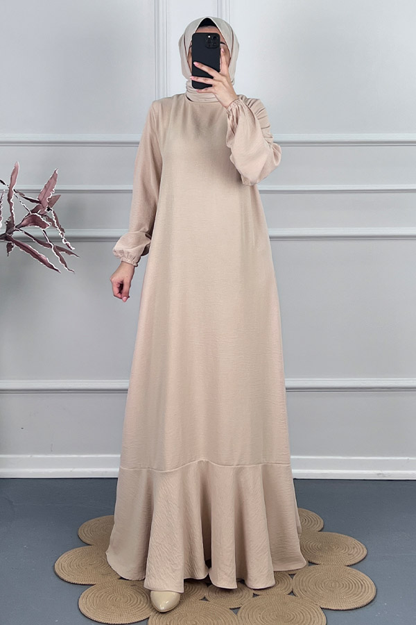 Volanlı Tesettür Elbise - Taş