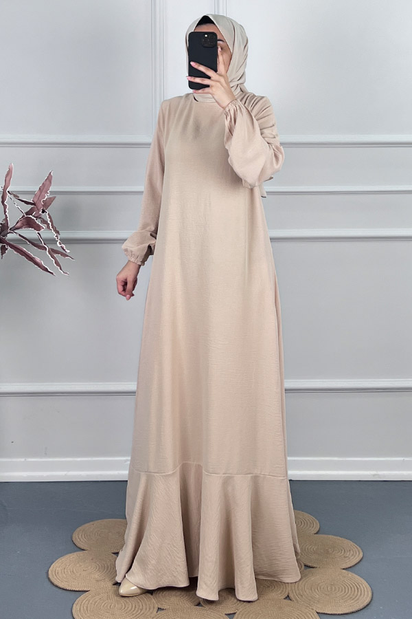 Volanlı Tesettür Elbise - Taş