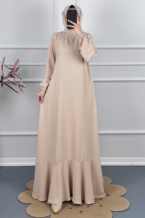 Volanlı Tesettür Elbise - Taş