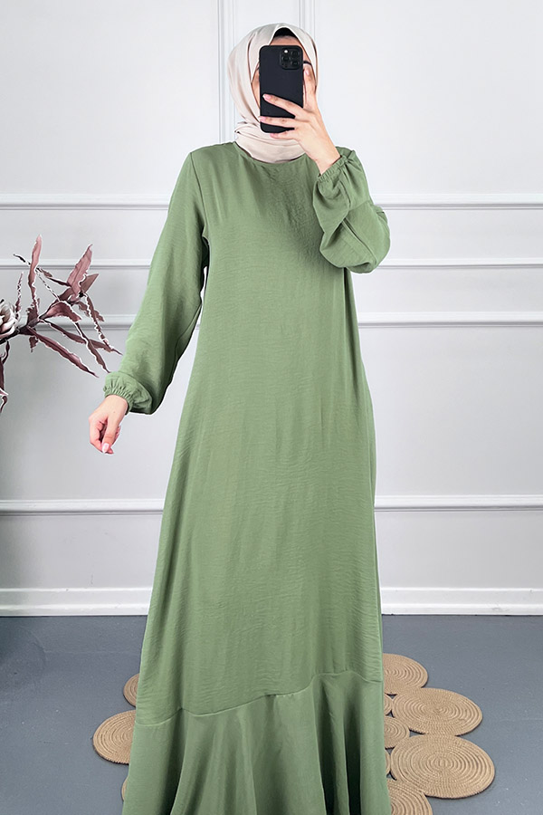 Volanlı Tesettür Elbise - Yeşil