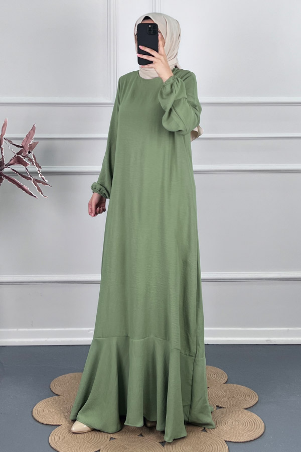 Volanlı Tesettür Elbise - Yeşil