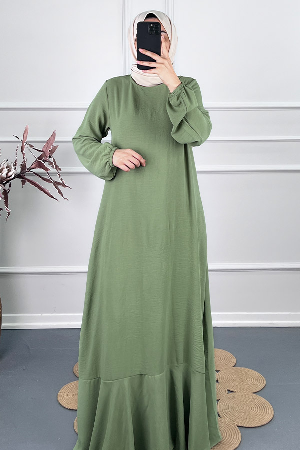 Volanlı Tesettür Elbise - Yeşil