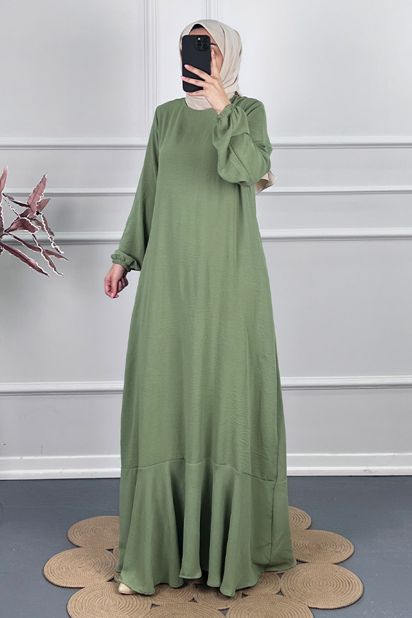 Volanlı Tesettür Elbise - Yeşil