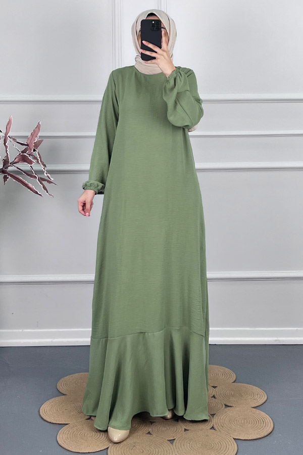 Volanlı Tesettür Elbise - Yeşil