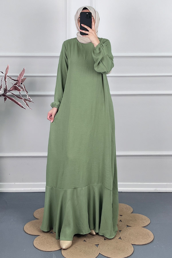Volanlı Tesettür Elbise - Yeşil