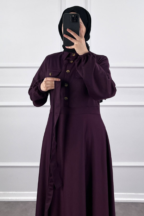 Yakalı Tesettür Elbise - Mürdüm Yakalı Tesettür Elbise - Mürdüm