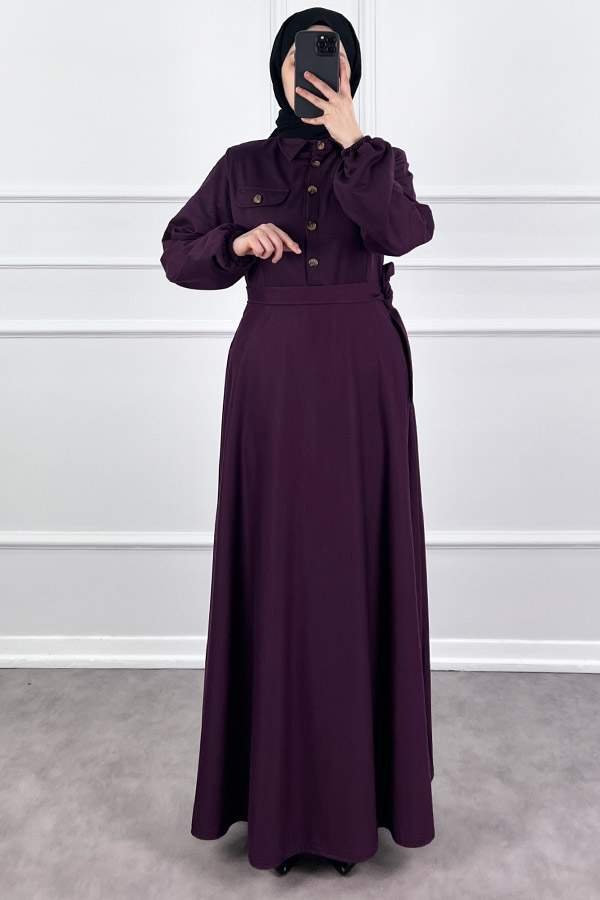 Yakalı Tesettür Elbise - Mürdüm Yakalı Tesettür Elbise - Mürdüm