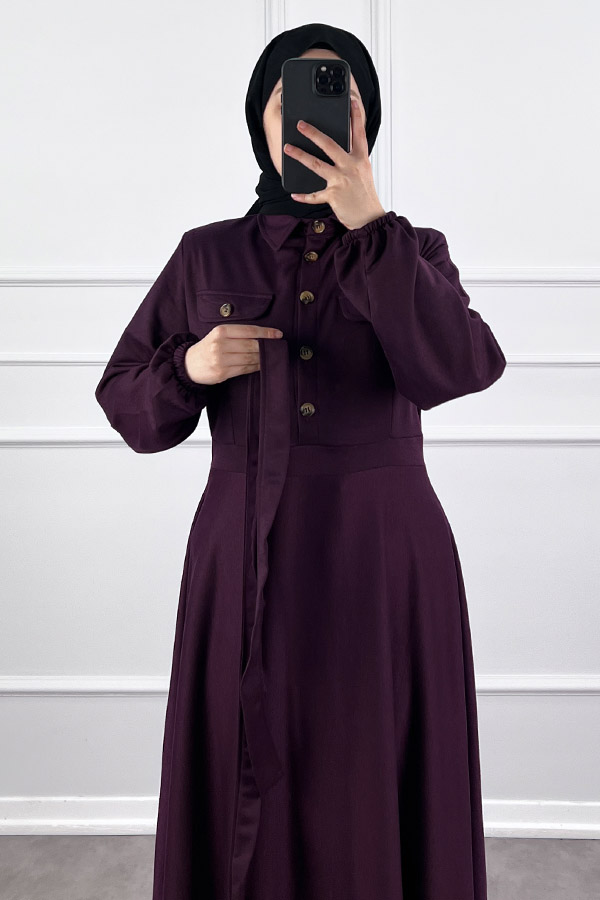 Yakalı Tesettür Elbise - Mürdüm Yakalı Tesettür Elbise - Mürdüm