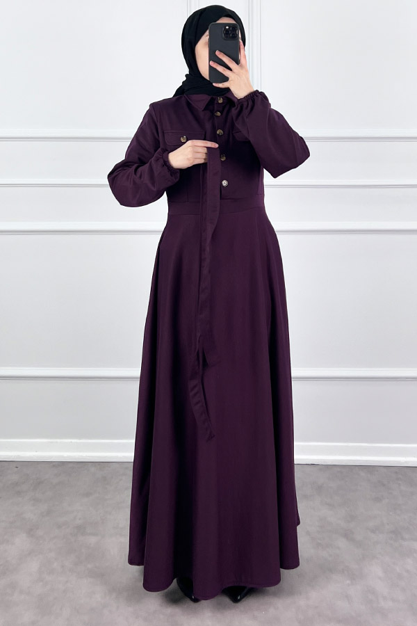 Yakalı Tesettür Elbise - Mürdüm Yakalı Tesettür Elbise - Mürdüm