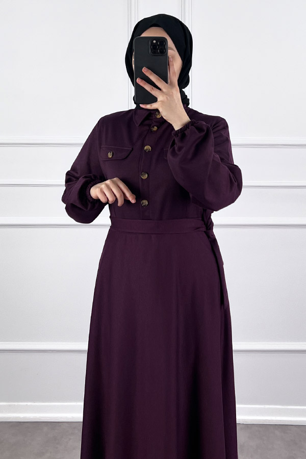 Yakalı Tesettür Elbise - Mürdüm Yakalı Tesettür Elbise - Mürdüm