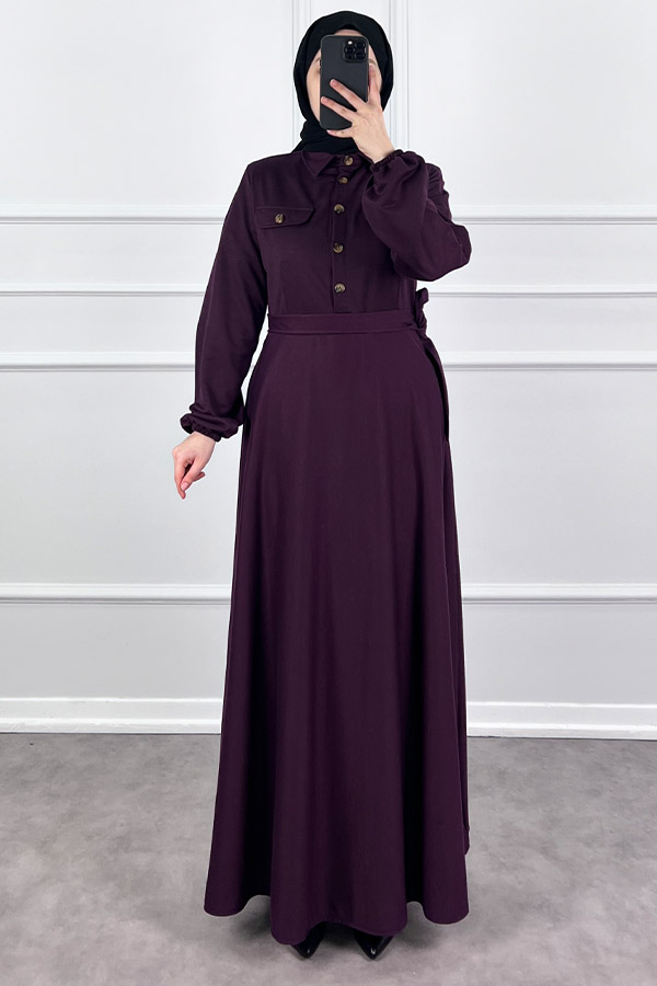 Yakalı Tesettür Elbise - Mürdüm Yakalı Tesettür Elbise - Mürdüm