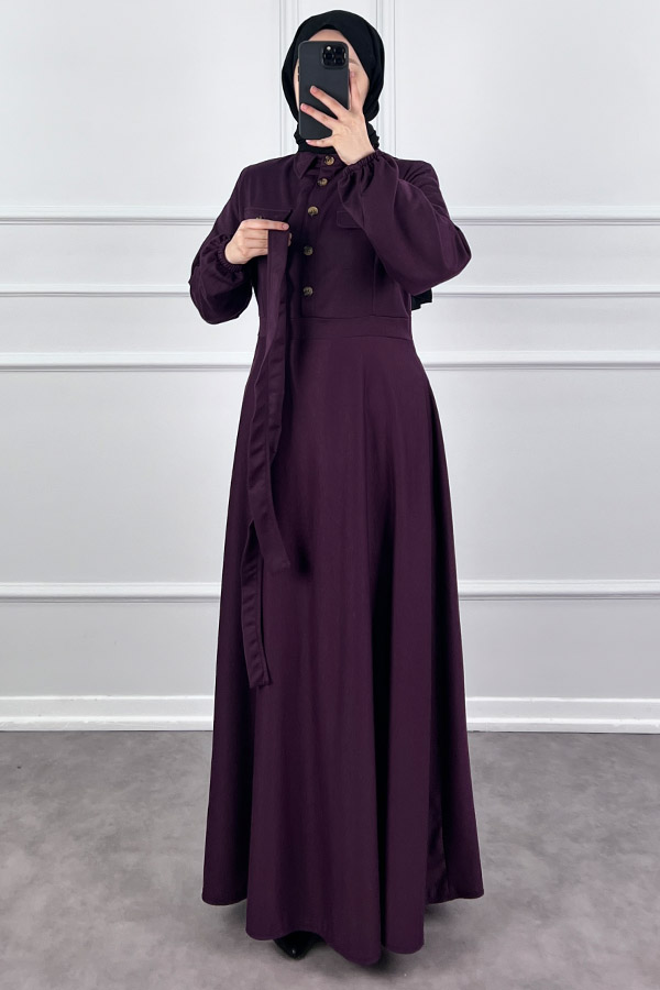 Yakalı Tesettür Elbise - Mürdüm Yakalı Tesettür Elbise - Mürdüm