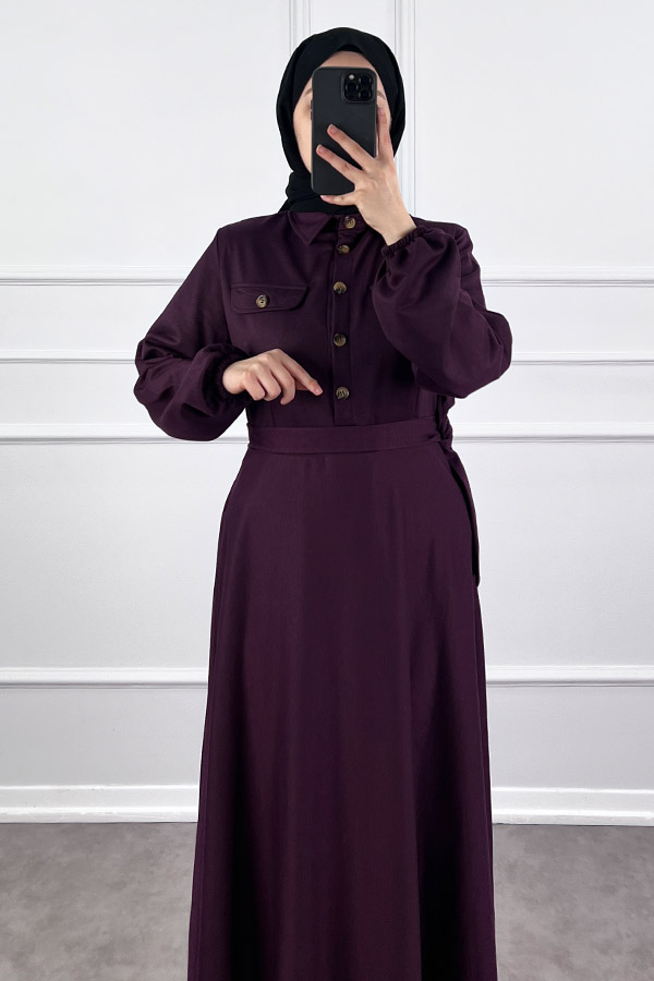 Yakalı Tesettür Elbise - Mürdüm Yakalı Tesettür Elbise - Mürdüm