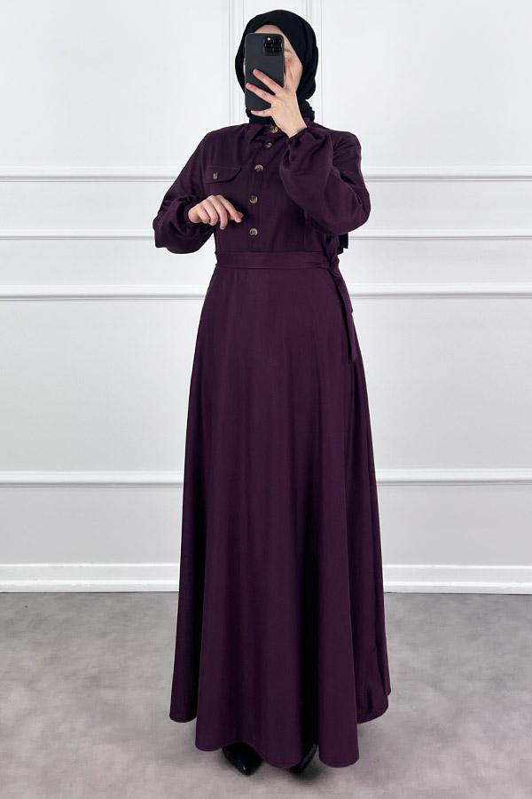 Yakalı Tesettür Elbise - Mürdüm Yakalı Tesettür Elbise - Mürdüm