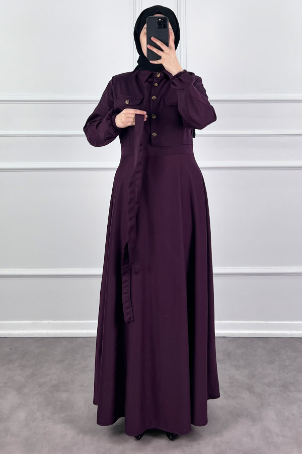 Yakalı Tesettür Elbise - Mürdüm Yakalı Tesettür Elbise - Mürdüm