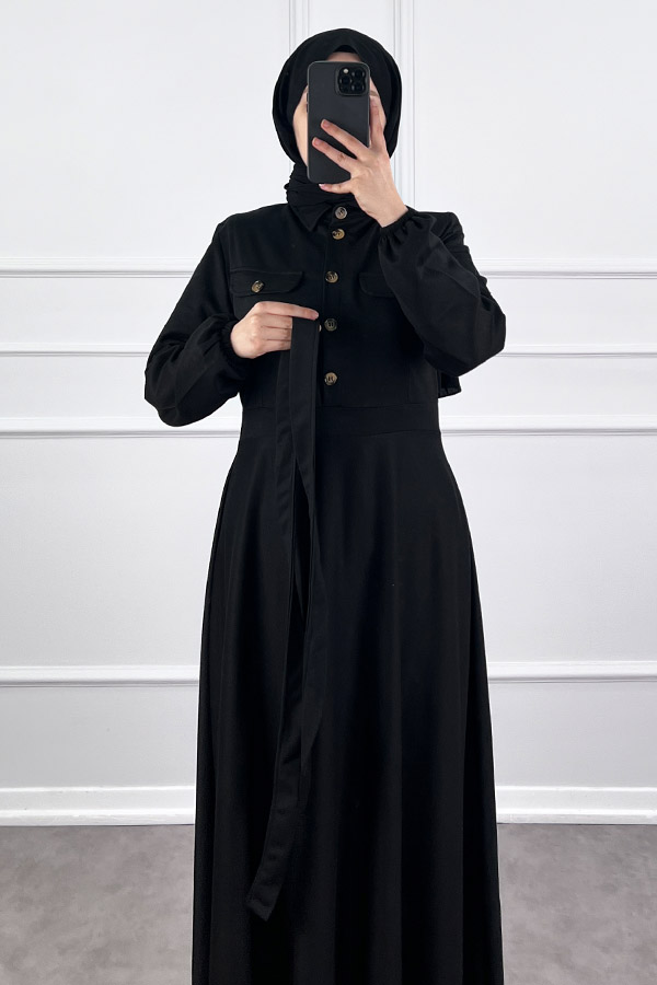 Yakalı Tesettür Elbise - Siyah