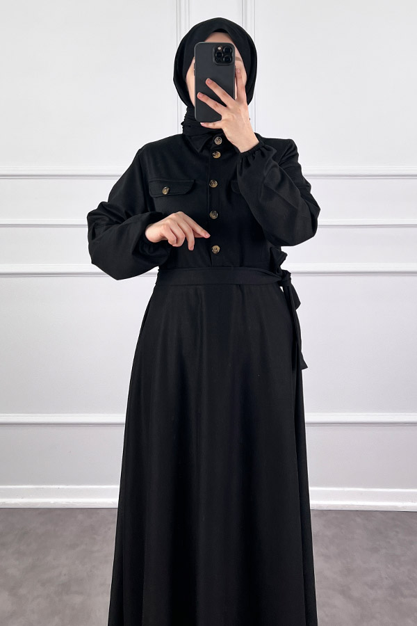 Yakalı Tesettür Elbise - Siyah
