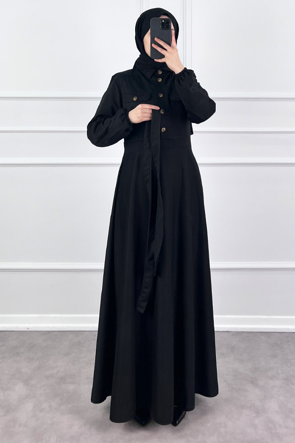 Yakalı Tesettür Elbise - Siyah