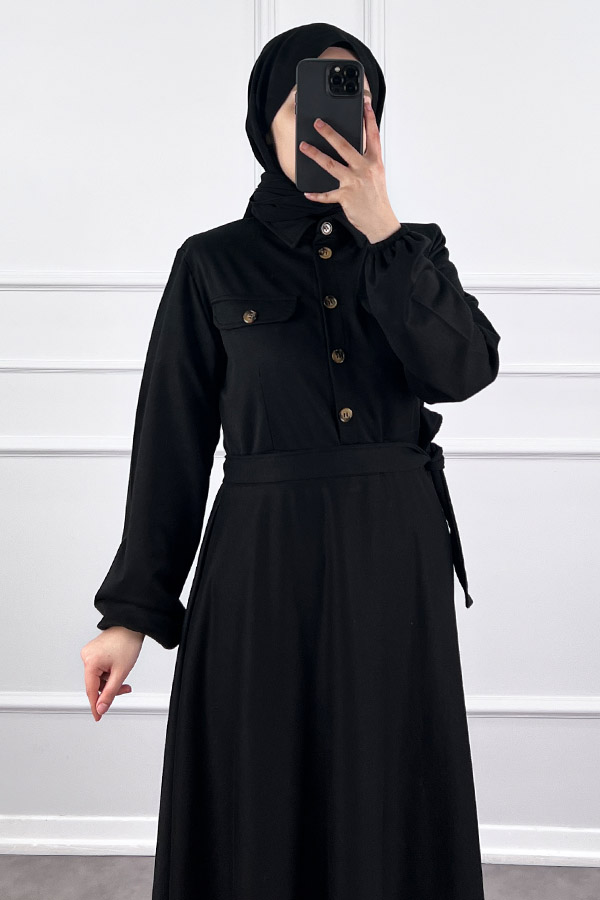 Yakalı Tesettür Elbise - Siyah
