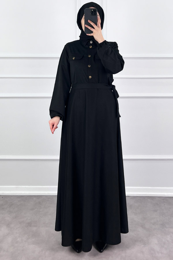 Yakalı Tesettür Elbise - Siyah