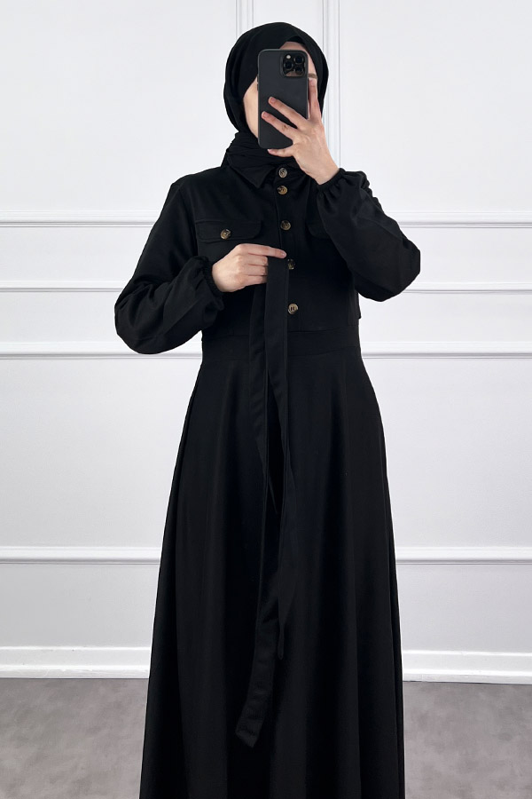 Yakalı Tesettür Elbise - Siyah