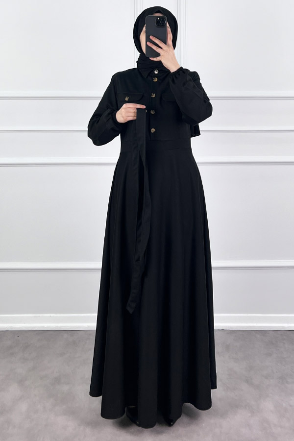 Yakalı Tesettür Elbise - Siyah