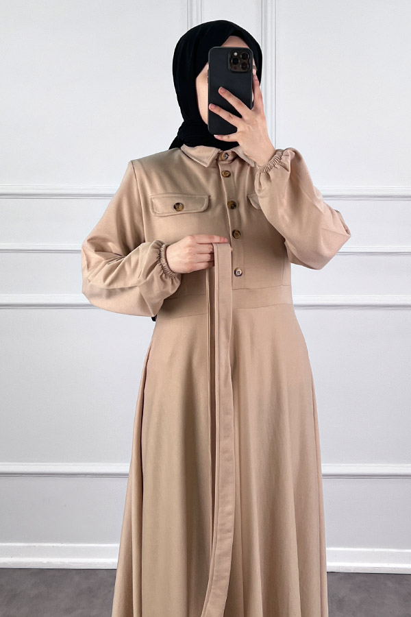 Yakalı Tesettür Elbise - Taş