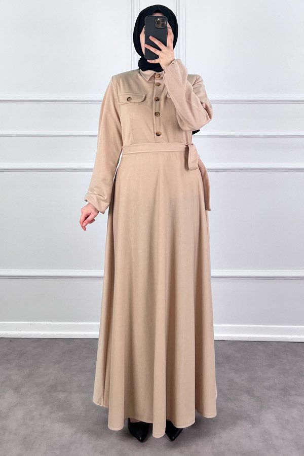 Yakalı Tesettür Elbise - Taş