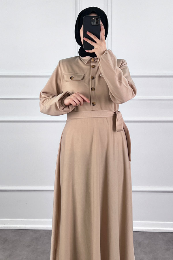 Yakalı Tesettür Elbise - Taş