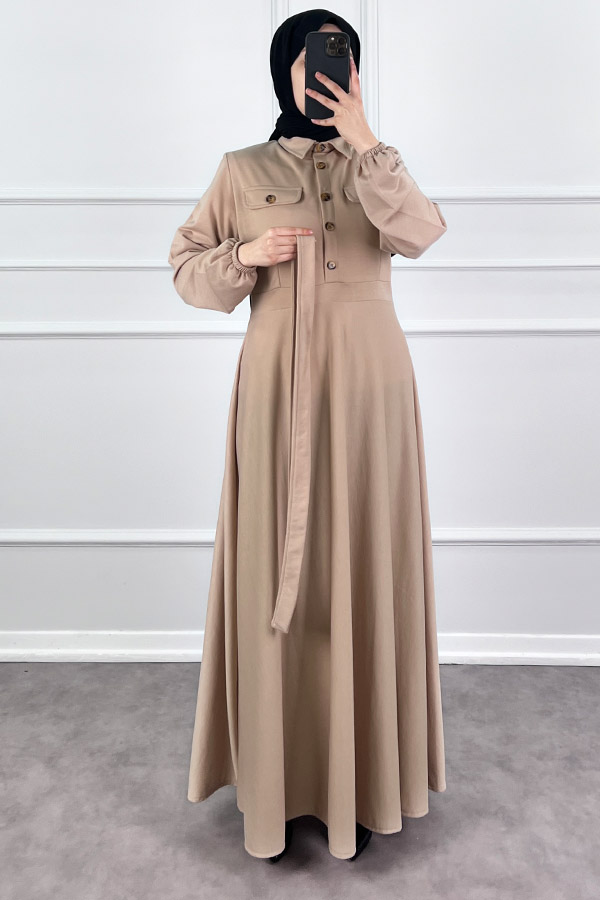 Yakalı Tesettür Elbise - Taş