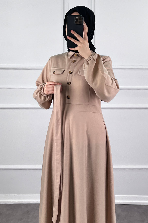 Yakalı Tesettür Elbise - Taş