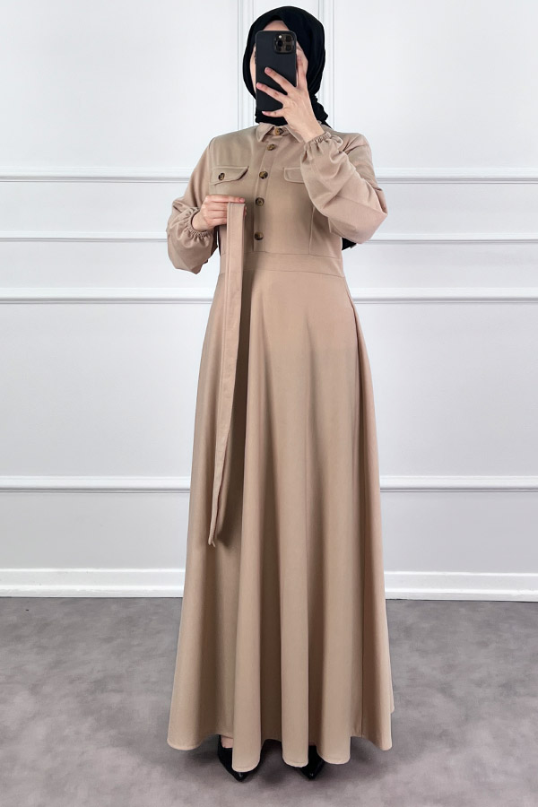 Yakalı Tesettür Elbise - Taş