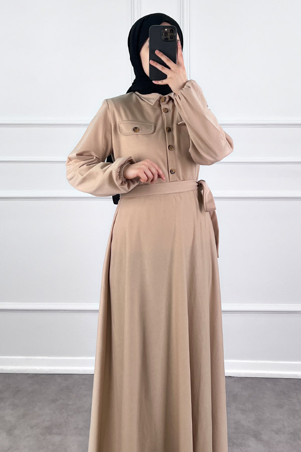 Yakalı Tesettür Elbise - Taş