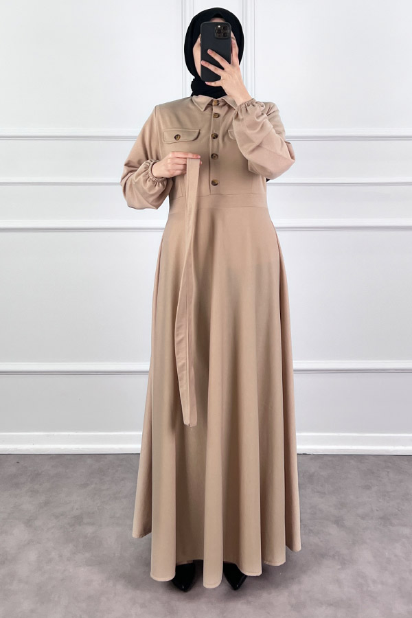Yakalı Tesettür Elbise - Taş