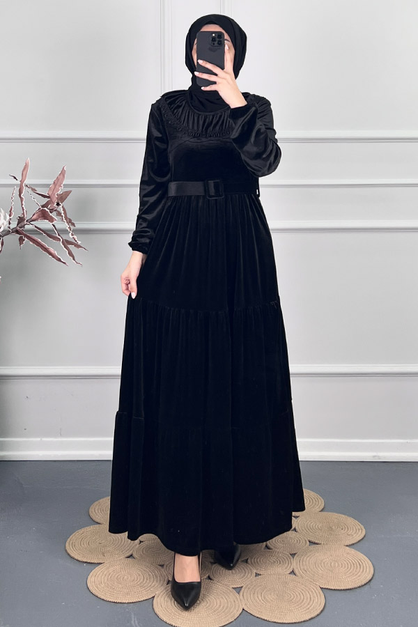 Yakası Gupur Detaylı Kadife Elbise - Siyah