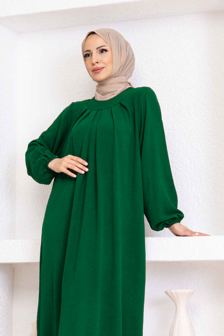 Yakası Piliseli Ayrobin Elbise - Çam Yeşili Yakası Piliseli Ayrobin Elbise - Çam Yeşili