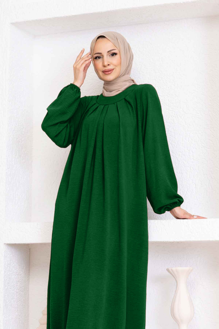 Yakası Piliseli Ayrobin Elbise - Çam Yeşili Yakası Piliseli Ayrobin Elbise - Çam Yeşili